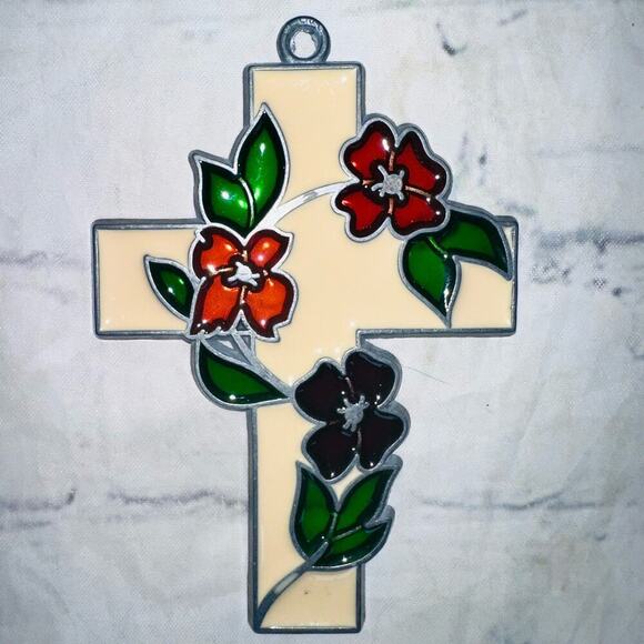 Vintage 1970s Stained Glass Cross With Flowers Suncatcher Religion Catholic - Picture 2 of 5